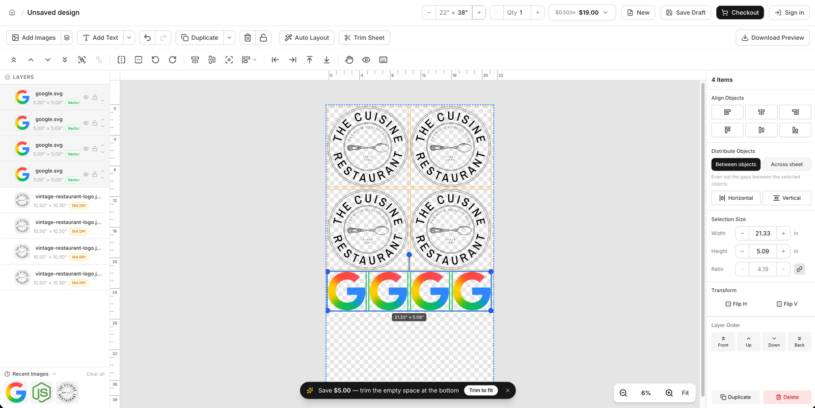 The Heddley gang sheet builder with artwork laid out on a sheet